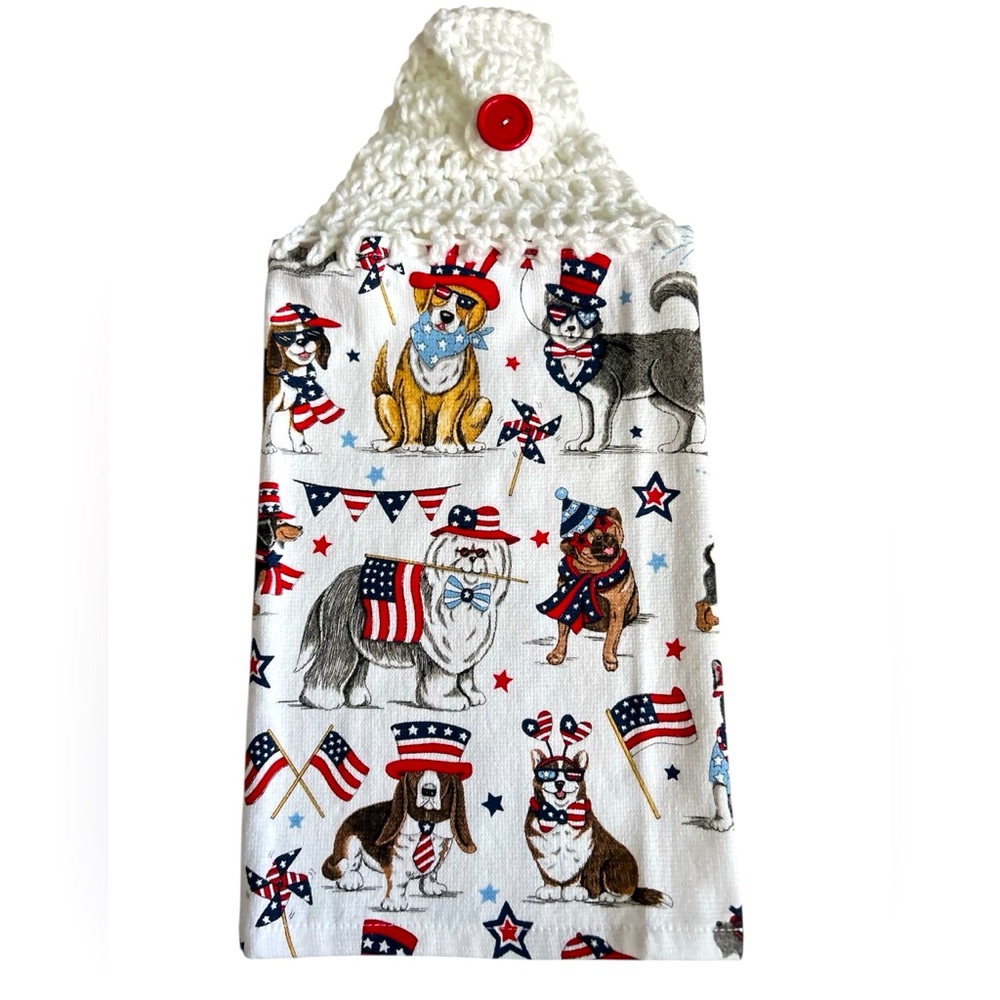 Hand Crafted Colorful Festive American Patriotic Dogs Hanging Kitchen Hand Towel